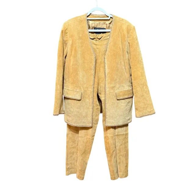 Terry Lewis Classic Luxuries Suede‎ Leather Pant Suit Blazer Set Camel Tan Sz L - Image 3