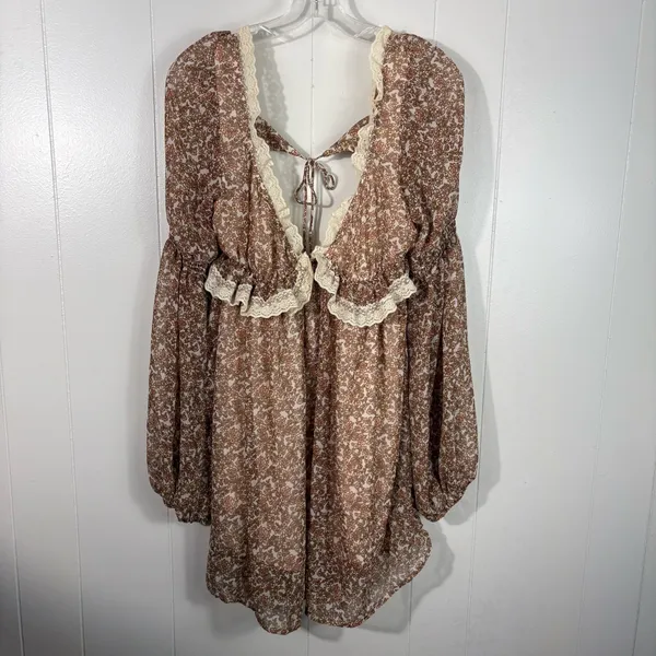 Free People Pennie Babydoll Chiffon Floral Ruffle Trim Long Sleeve Dress Small S - Image 2