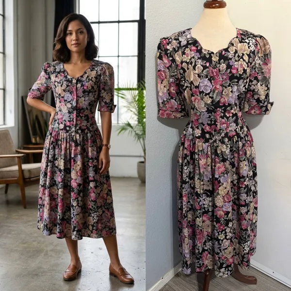 Miss Dorby Vintage 90s Floral Midi Dress L Black Purple Button‎ Front USA Made - Image 2
