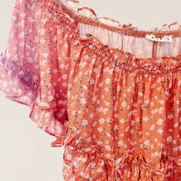 Kori America Orange Ditsy Floral Smocked Off The Shoulder Mini Dress Size Large‎ - Image 5