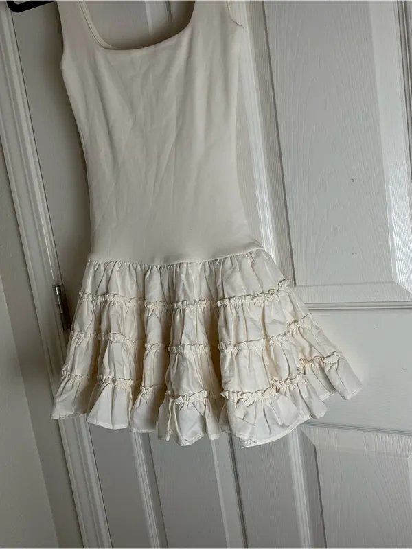 ZARA Cream Ribbed Knit Drop Waist Tiered Ruffle Mini Dress Small Balletcore - Image 3