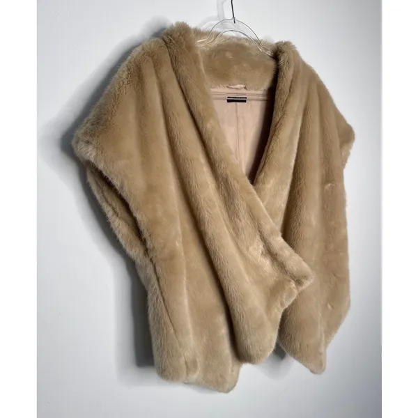 2000s Sisley Tan Faux Fur Shawl Wrap Poncho Cape Size small oversized - Image 5