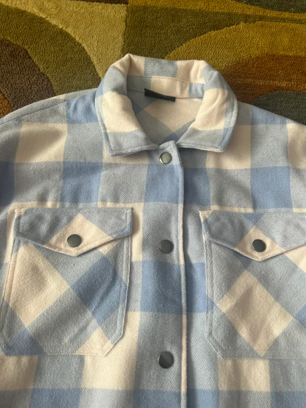 HFX Costo Shacket Shirt Jacket Plaid Flannel Light Blue White Women’s Size Small - Image 3