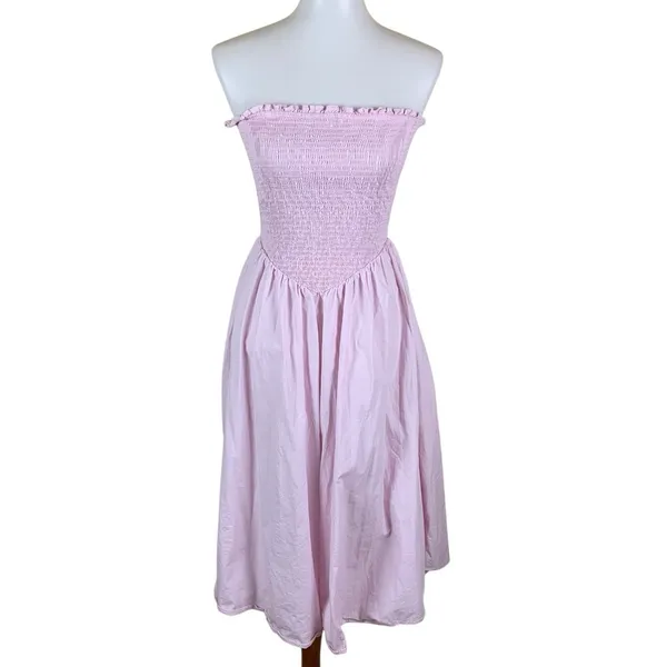 GLAMOROUS Pink Smocked Strapless Midi Dress Cottagecore Romantic Summer 6 - Image 2