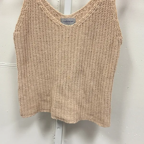 Cashmeren Women's Beige Knit Tank Top V-Neck Sleeveless Ribbed Minimalist Summer - Image 4