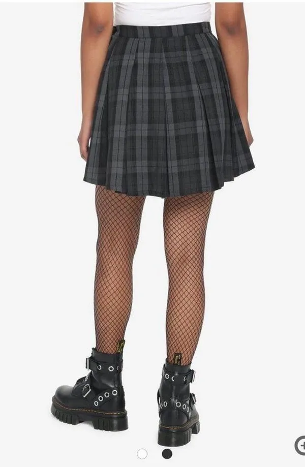 Hot Topic Black & Grey Plaid Buckle Asymmetrical Pleated Skirt size large - Image 10