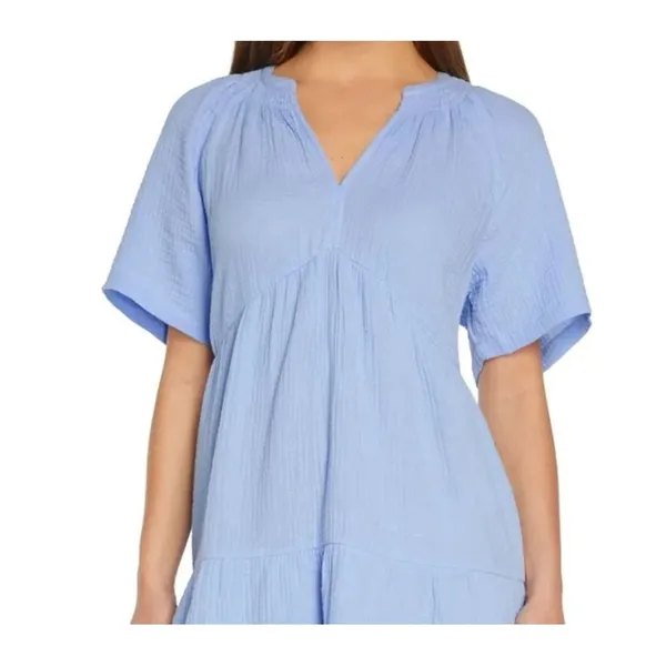 Gap Womens Gauze V Neck A Line Short Sleeve Tiered Dress Blue Size XS W Pockets - Image 5