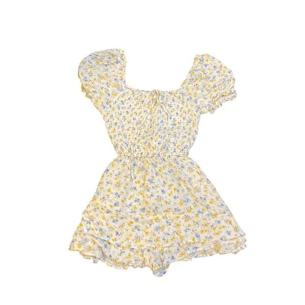 Altar'd State Boho Floral Romper Smoked Ruched Bodice Short Puff Sleeves Flirty - Image 3