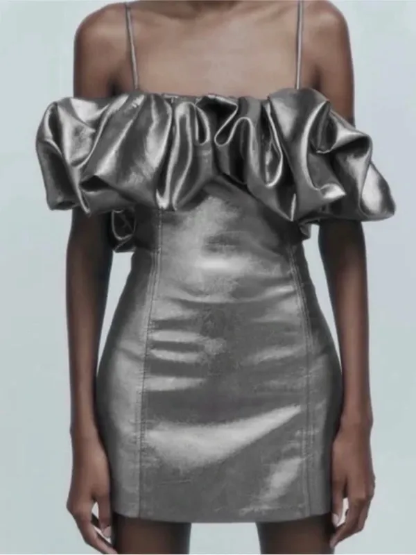 Zara Off-Shoulder Metallic Silver Mini Dress with Ruffled Bodice Size Large - Image 7