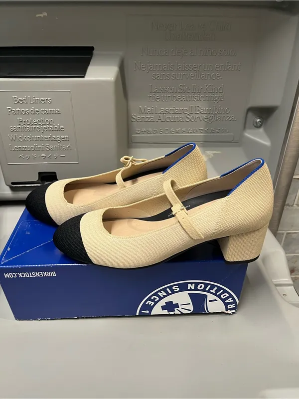 New Rothy’s Rothy The Mary Jane Heel Heels Cream Black Captoe Cap Toe 9 - Image 3
