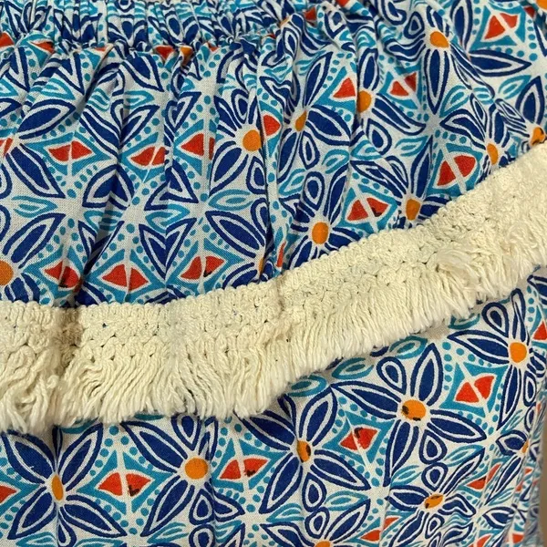 ROBERTA ROLLER RABBIT Lucia Fringe Off Shoulder‎ Top Blue Tile Print sz S - Image 4