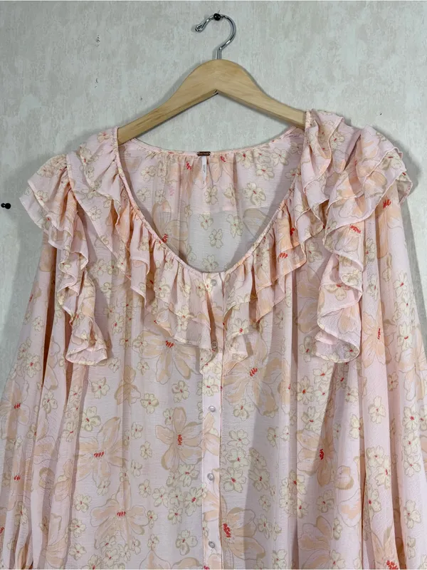 Free People Women’s Cherry Bright Blouse Top Ruffle Neck Sheer in Floral Peach M - Image 3