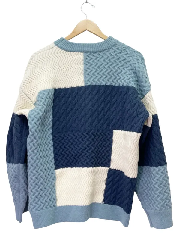 Aelfric Eden Sz XL Patchwork Cable Knit Sweater Blue Cream Colorblock Crewneck - Image 3