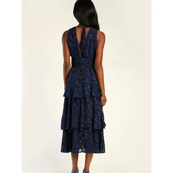Lulus Navy Blue Make It Mesmerizing Jacquard Tiered Midi Dress Sz.L NWT - Image 4