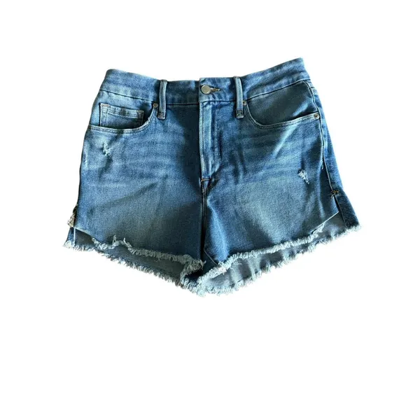Good American Good Curve Shorts Size 4 Blue 466 Light Wash Distressed Raw Hem - Image 2
