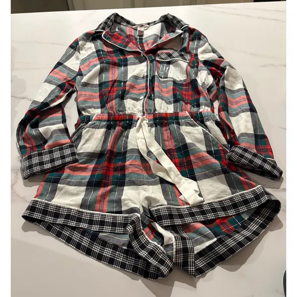 Victorias Secret Red Plaid Flannel Romper LOVE Rhinestone Sleepwear Small Lounge - Image 4