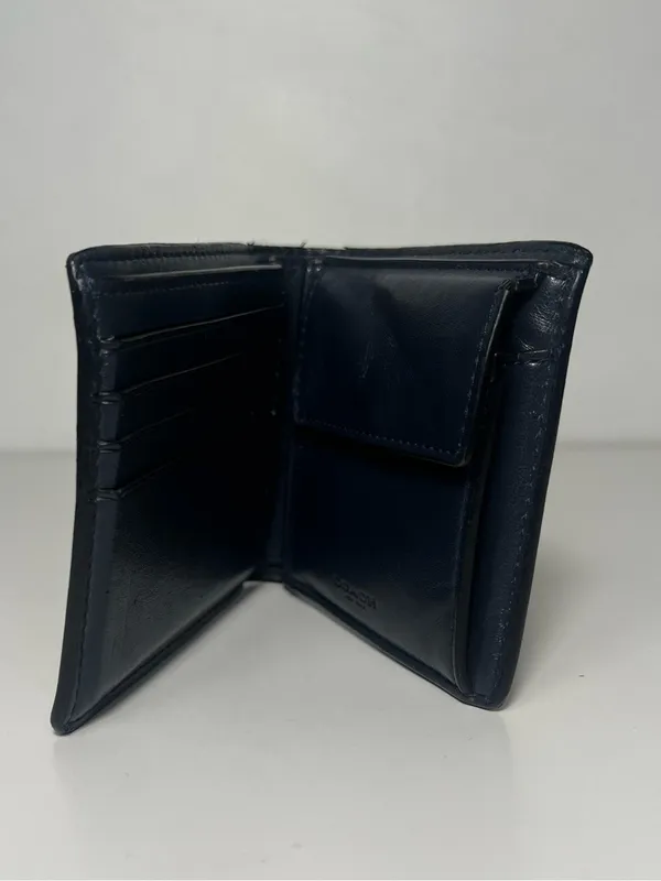 Coach Men's Signature Leather Black & Charcoal Bifold Wallet W/ Coin Pocket - Image 8