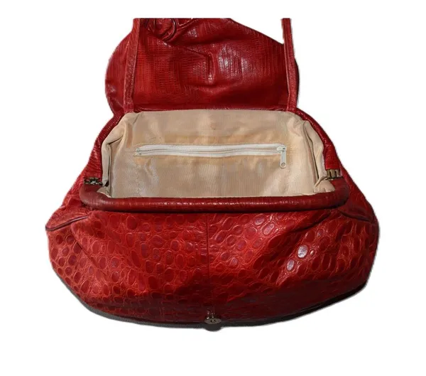 Vintage Shoulder Bag Women OS Red Good Faux Crocodile Embossed Slouch Hobo Retro - Image 2