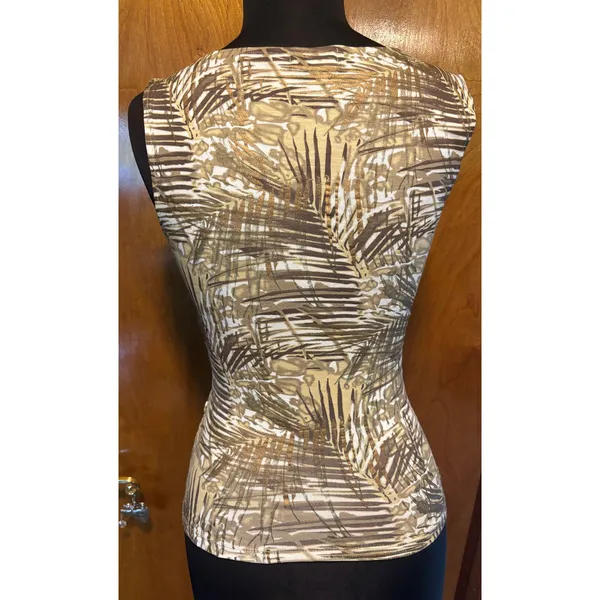 Cache Faux Wrap Textured Gold Metallic Bamboo Print Stretch Ruched Side Top Sz S - Image 6