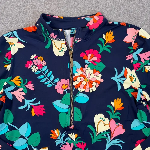 LOFT Women's Large Navy Blue Floral Long Sleeve 1/4 Zip Rash Guard Swim Top - Image 2