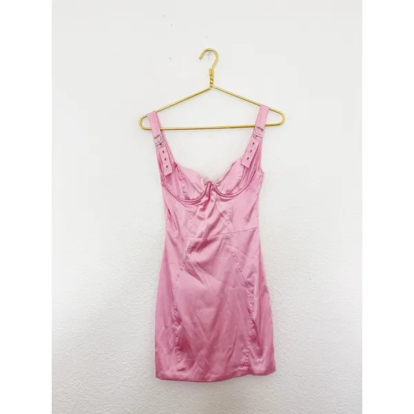 Oh Polly Buckle Down Pink Satin Mini Dress Size 4 Party Barbie Sexy Bustier - Image 4
