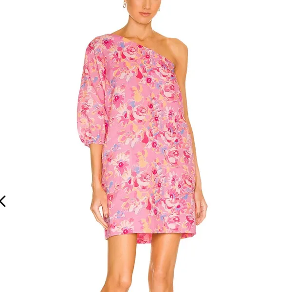Something Navy Pink Floral Mini Dress MEDIUM One Shoulder Linen Shift Party $165 - Image 2