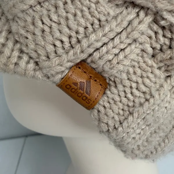 Y2K Adidas OSFM Visor Beanie Tan Cable Knit Fleece Lined Leather Logo Hat - Image 3