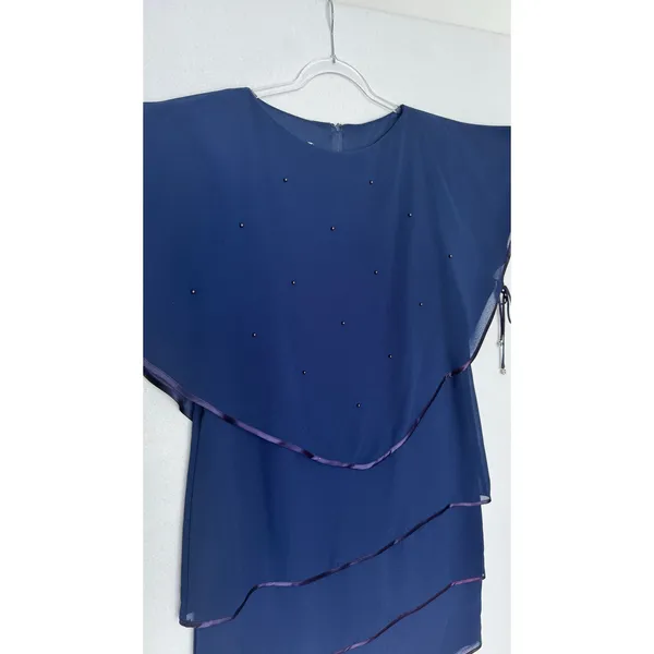 Late 1980s–1990s Patra Blue Chiffon Cape Overlay Beaded Dress Midi XL - Image 5