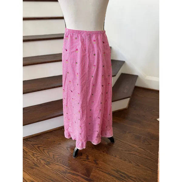 Vintage Y2K Midi Pink White Gingham Embroidered Flower Butterfly Slip Skirt - Image 4