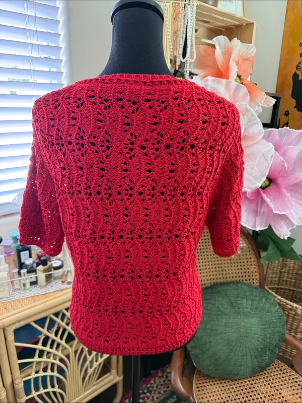 Zara Red Crochet Knit Short Sleeve Button Up Cardigan Sweater - Image 2