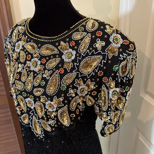 Vintage Stenay Silk Beaded Sequin Dress 10 8 6 80s Gatsby Floral Party Cocktail - Image 3