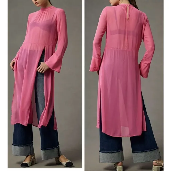 Anthropologie Long Sleeve Sheer Tunic Dress pink, Size xxs - Image 2