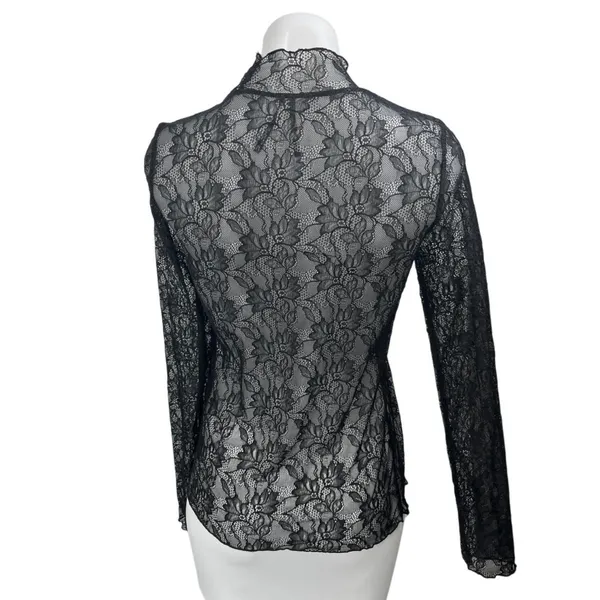 Anthropologie Black Floral Lace Long Sleeve Sheer See Trough Blouse Top Size S - Image 2
