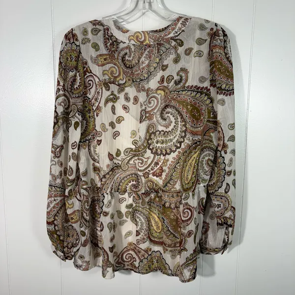 Floral & Ivy Brown Paisley Pattern Metallic Peasant Long Sleeve Chiffon Blouse M - Image 6