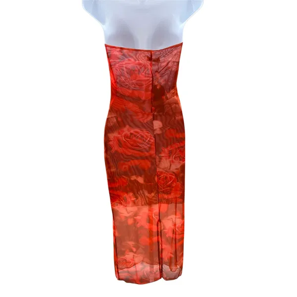 Meshki Aphrodite Strapless Mesh Dress Red Rose Floral Print Midi Bodycon Size M‎ - Image 4