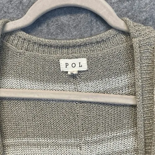 POL Sweater Women's Small Gray White Striped Knit Cardigan Frayed‎ Open Front - Image 4