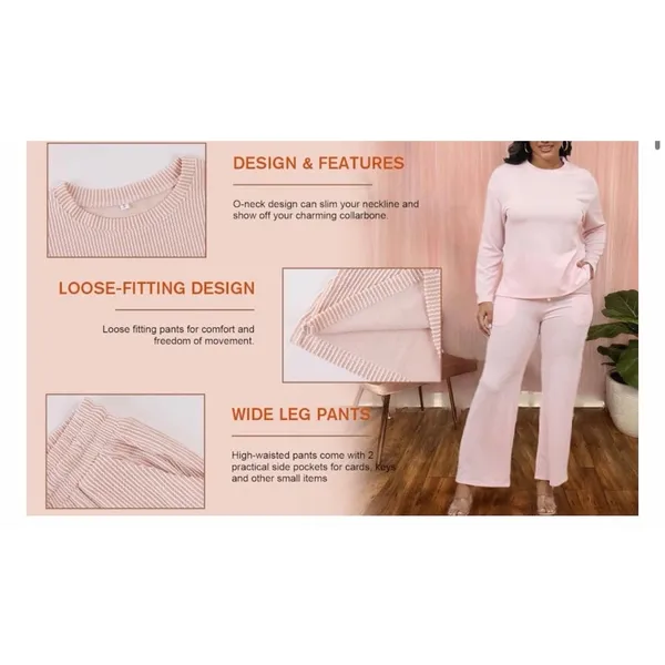 NEW 2 Pc Lounge Travel Outfit Ribbed Knit Long Sleeve Wide Leg L - Image 5