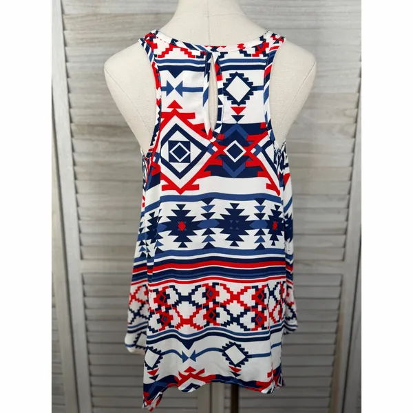 XHILARATION Southwestern Handkerchief Hem Flowy Tank Top White Red Blue-Medium - Image 3