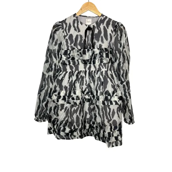 Maeve Anthro Animal Print Mini Dress XXS Gray Tiered Ruffle Long Sleeve Chiffon‎ - Image 4