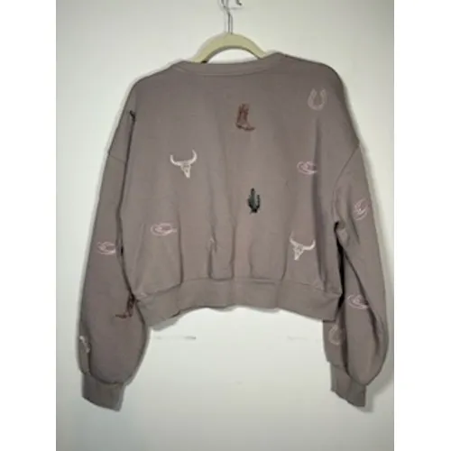 Western‎ Embroidered Cropped Sweatshirt Large Taupe Pullover Cowgirl Boho Rodeo - Image 3