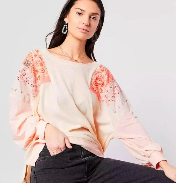 We The Free Free People Camiseta Feelin It Boho Patchwork Top in Alabaster Combo W1096 Sz S - Image 2