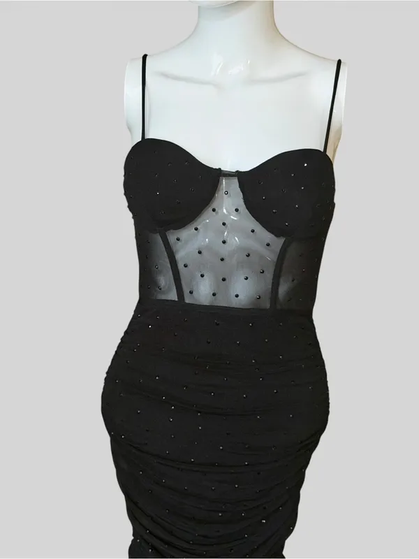 Black Sheer Mesh Bodice Ruched Mini Dress - Image 3