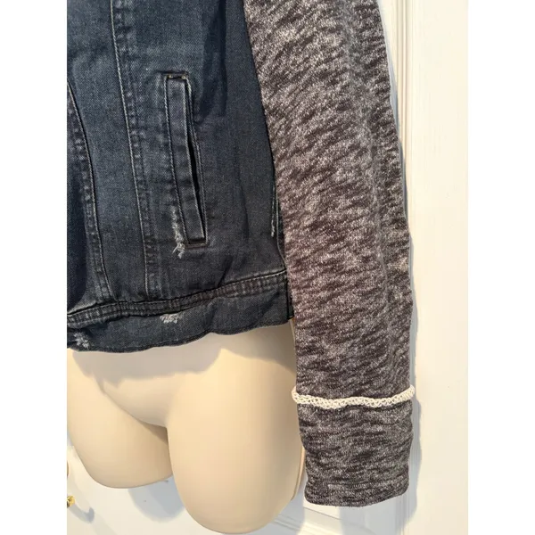 Free People Mixed Media Denim Jacket Knit Sleeves Hooded Distressed Dark Wash S - Image 7
