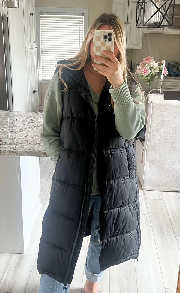 Zara Women's Black Long Puffer Vest Water Repellent Zip XL - Image 2