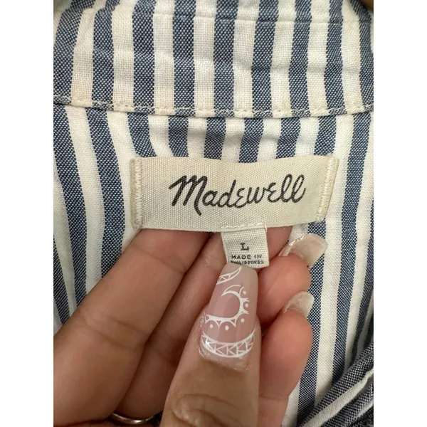 Madewell Women's Chambray Blue White Stripes Dolman Sleeve Button Front Top L - Image 5