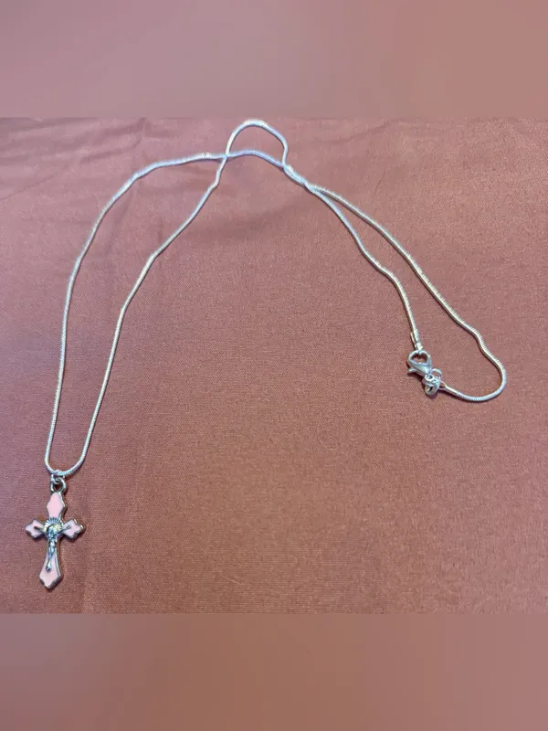Sterling Silver 925 Cross Pendant Necklace with Pink Enamel - Image 3
