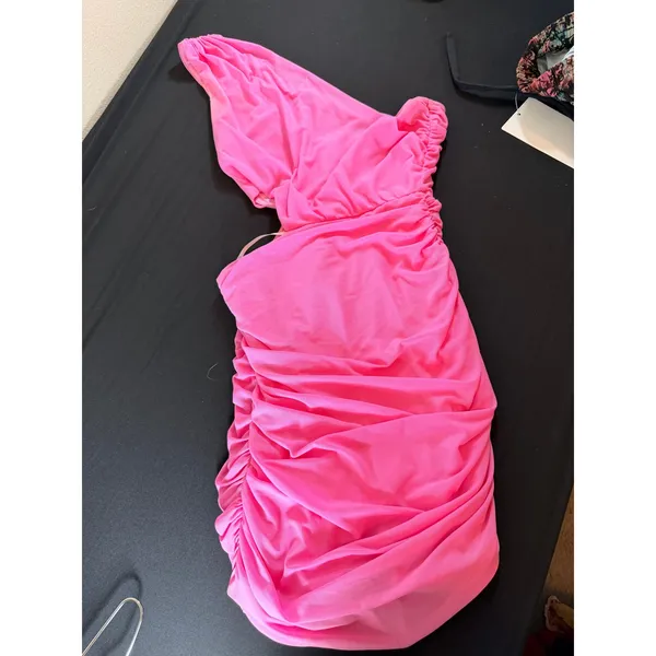 Hello Molly Mini Dress Women Size 6 Pink One‎ Shoulder Ruched Side Cutout Mesh - Image 6