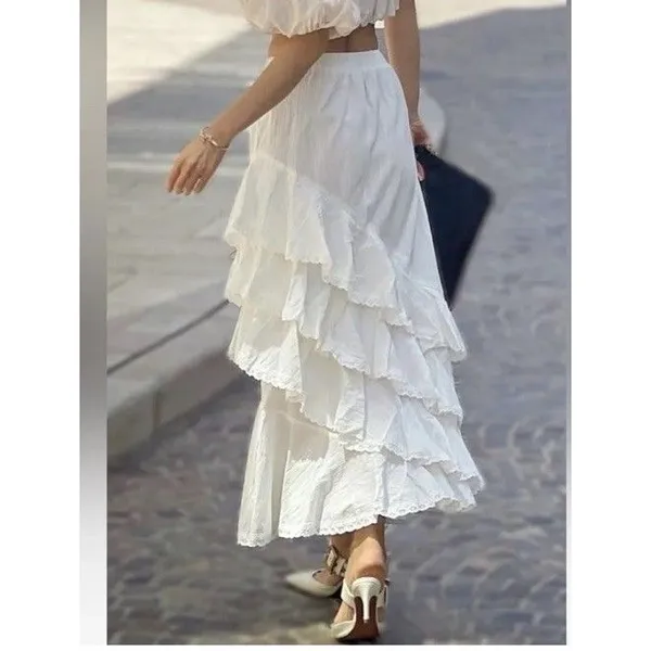 Mable Mischa Crochet Lace White Tired Ruffle Maxi Skirt Coastal Cowgirl Boho M - Image 3