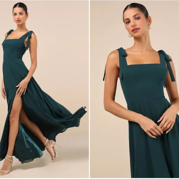 LULU's Prom Wedding Bridesmaid Flowy Romantic Sexy Chic Emerald Maxi Dress - Image 3