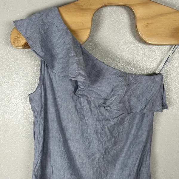Theory Alexandra Linen Blend Mini Dress Womens 12 Chambray One Shoulder Ruffle - Image 2